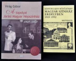 2 db határontúli magyar színház témájú könyv: Virág Gábor: A topolyai Járási Magyar Népszínház 1949-1959. h. n., 2011, Forum Könyvkiadó. Kiadói papírkötésben. Kántor Lajos-Kötő József: Magyar színház Erdélyben, 1919-1992. Bukarest, 1994, Kriterion. Kiadói papírkötésben.