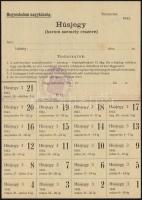 1948 Hegyeshalom, gépelt igazolóbizottsági jegyzőkönyv, 1943-as húsjegy hátulján, aláírásokkal