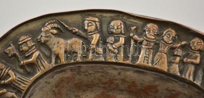 Tevan Margit (1901-1978): Ezüstözött réz tálka, jelzett, horpadásokkal, 15,5×12,5 cm