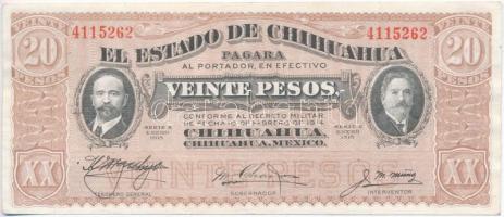 Mexikó / Forradalom / Chihuahua 1915. 20P hátoldalán fekete felülbélyegzés T:III szép papír Mexico / Revolution / Chihuahua 1915. 20 Pesos with black stamp on back C:F nice paper Krause S537