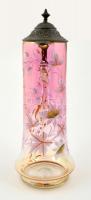Dekoratív ón fedeles fújt üveg karaffa, kézzel festett, jelzés nélkül, csorba nélkül, m:36 cm