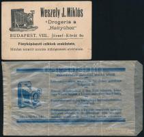 cca 1920 Weszely J. Miklós, drogéria a "Hattyúhoz" / fényképészeti cikkek szaküzlete reklámlap + Kiss Ferenc debreceni fényképész zsírpapír reklámtasakja