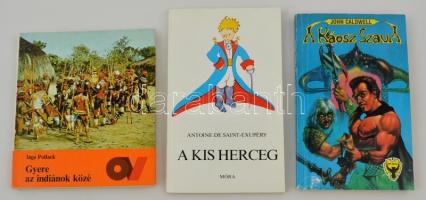 Vegyes könyvtétel, összesen 3 db: Inge Pollack: Gyere az indiánok közé. Bp., Kossuth, 1981. Kiadói kartonált papírkötésben, papír védőborítóval. John Caldwell: A Káosz Szava. h. n., 1990, Zrínyi Nyomda Kiadója. Kiadói papírkötésben. Antoine de Saint-Exupéry: A kis herceg. h. n., 1971, Móra. Kiadói papírkötésben.