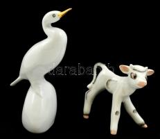 Hollóházi porcelán boci és madár, kézzel festett, jelzett, hibátlan, m: 7,5 és 13,5 cm