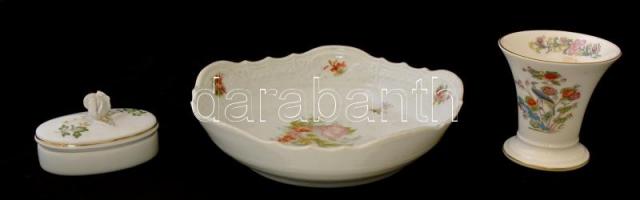 Porcelán tétel (3 db): Epiag tál, Wedgwood kis váza, Hollóházi ékszertartó, matricásak, jelzettek, hibátlanok, d:20 cm, m:8,5 cm, 9×6 cm