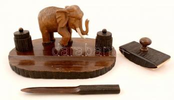 cca 1940 Elefántfigurás íróasztali készlet (tintatartó porcelán betéttel, levélvágó, tapper) faragott fa, jelzés nélkül, jó állapotban, 38×25 cm