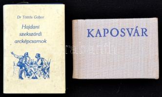 Vegyes minikönyv tétel, 2 db:  Leskó László: Kaposvár. Kaposvár, 1970, Kaposvári Városi Tanács. Kiadói egészvászon-kötés. Készült 5000 példányban. Dr. Töttős Gábor: Hajdani szekszárdi arcképcsarnok. Szekszárd, 1986, Szekszárdi Nyomda Miniatűrkönyv Gyűjtők Klubja. Kiadói műbőr kötés, kiadói papírkötésben. Kiadták 1000 példányban.