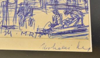 Mohácsi Regős Ferenc (1917-2003): Utcarészlet, toll, papír, jelzett, paszpartuban, üvegezett fa kere...