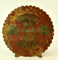Díszes angol réz öröknaptár, 100 évre, kopásokkal, d: 13 cm