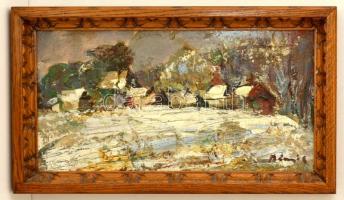 Bényi László (1909-2004): Hófödte falu. Olaj, farost, jelzett, keretben, 23×43 cm