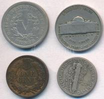 Amerikai Egyesült Államok 1899. 5c Cu-Ni + 1907. 1c Br + 1939. 25c Ag + 1942. 1d Ag T:2-,3
USA 1899...