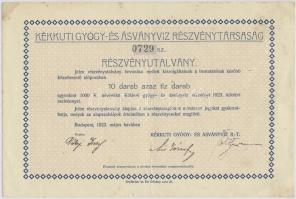 Budapest 1923. Kékkuti Gyógy- és Ásványvíz Részvénytársaság részvényutalvány 10.000K-ról T:II-,III fo.