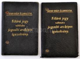 1917, 1931 MÁV félárú jegy váltására jogosító igazolványok bőr kötésben