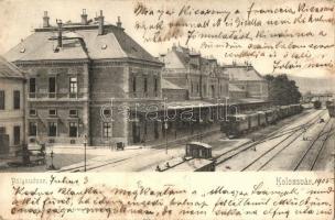 Kolozsvár, Cluj; Vasútállomás, vagonok, Schuster Emil kiadása / railway station, wagons (ázott / wet damage)