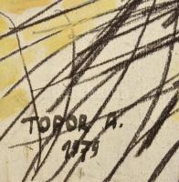 Topor András (1944-1997): Műtermi est. Vegyes technika, farost, jelzett, 80×60 cm