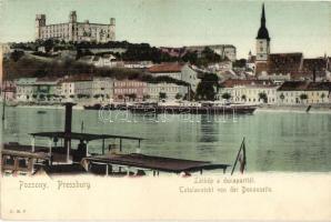 Pozsony, Pressburg, Bratislava; Dunapart, vár, gőzhajók / river bank, steamships, castle