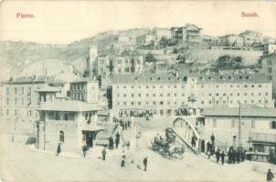 Fiume, Rijeka, Susak, Sussak; utcakép híddal, üzletek / street view with bridge, shops