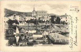 Lovran, Laurana; port view with ships, Hotel and restaurant Miramar