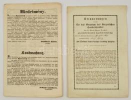 1852, 1861 Wiener Neustadt, Szerencs, Német nyelvű kézművesipari és kétnyelvű telekelosztással kapcsolatos hirdetmények, 2 db