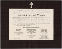1930 Bonyhádi Perczel Vilmos (1834-1930) halálozási értesítője, Turbék-puszta (Baranya-megye), nagykéri Scitovszky, miskei és monostori Thassy, babocsai Babochay-Farkas rokonsággal.