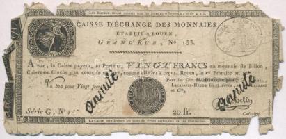 Franciaország / Rouen 1797-1803. 20Fr annulé (érvénytelen) felülbélyegzéssel T:IV  France / Rouen 1797-1803. 20 Francs annulé (cancelled) C:G  Krause S245a