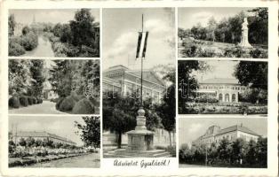 5 db RÉGI magyar városképes lap, országzászlók: Balassagyarmat, Gyula, Hódmezővásárhely, Székesfehér...