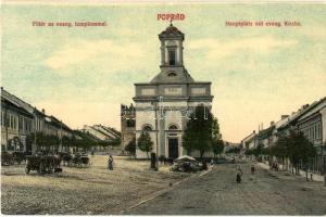 Poprád, Fő tér, Evangélikus templom, árusok / main square, church, vendors