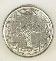 Ezüst(Ag) virágmintával/virágkosárral díszített dobozka, jelzett, d: 5 cm, nettó: 21,9 g