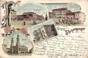 1898 Szombathely, Steinamanger; Gyöngyös utca, Úri kaszinó, Fő tér, piac, zsinagóga / street, casino, main square, market, synagogue. Regel & Krug Floral, Art Nouveau, litho  (EB)