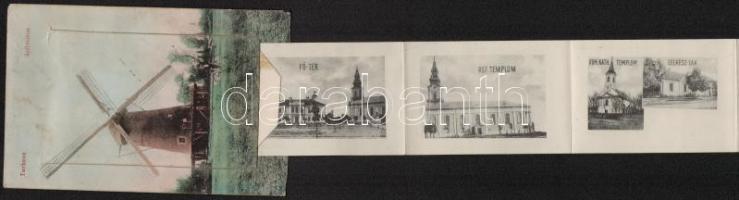 Túrkeve, Szélmalom, leporellolap belül iskolákkal és az Oroszlán vendéglővel. Daróczy Antal kiadása