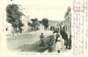 1898 Pöstyén, Piestany; Úri utca, fürdőszálloda, Strasser kávéház / Herrengasse, Kurhotel / street view with spa and cafe