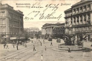 Budapest VIII. Múzeum körút, Kálvin tér, szökőkút, villamosok, Barakovits testvérek üzlete  (EK)