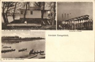 A csongrádi állami Szent Imre reálgimnázium csónakháza, Tornaóra a Tiszán, Az ifjúsági sportkör hajóállománya. Szilber J. Antal kiadása / Hungarian grammar school's boathouse, gym class on the Tisza river, ships of the Youth Sports Club (EB)