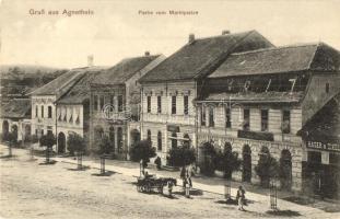 Szentágota, Agnetheln, Agnita; Piac tér, Hager és Zikeli üzlete / Marktplatz / market square with shops