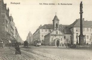 Budapest VIII. Rákóczi út, Szent Rókus-kórház, templom, 1-es és 73-as villamos (EK)