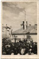 1938 Deáki, Diakovice; bevonulás, országzászló, honleányok / entry of the Hungarian troops, Hungarian flag, compatriot women. Zach photo