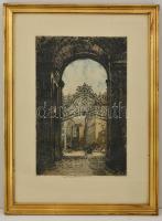 Robert Kasimir (1914-2002): Szent Mihály kapu, Bécs. Színezett rézkarc, papír, jelzett, üvegezett fa...