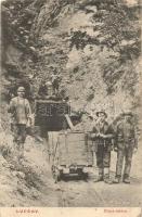 Lupény, Lupeni; Bánya bejárat, bányászok csillével. Adler fényirda 1908 / mine entry, miners with minecart (EK)