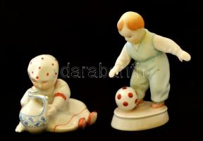 2 db Zsolnay figura: kisfiú labdával; korsós kislány, kézzel festettek, jelzettek, kis kopásokkal, m: 7,5/11,5 cm