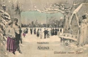 Szászsebes, Sebes, Mühlbach; Korcsolyapálya, keretes újévi üdvözlőlap. Josef Hientz / Eislaufplatz / ice skating rink. New Year greeting frame (EK)