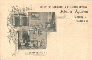 Pozsony, Pressburg, Bratislava; Jägerzeile 34. Atelier für Tapezierer & Decorations-Arbeiten / Gebauer Ágoston kárpitos és lakberendező műterme és üzlete, belsők, reklámlap / shop and atelier for upholsterer and decorations works, interiors, floral Art Nouveau advertisement card (kis szakadás / small tear)