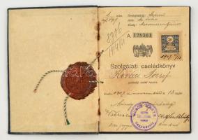 1907-1910 Mosonszentjános, Szolgálati cselédkönyv gazdasági cseléd részére, 30f. okmánybélyeggel, viaszpecséttel, kissé kopottas egészvászon-borítóval.
