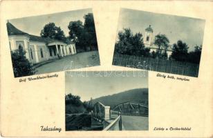 Takcsány, Stakcín; Gróf Wenckheim kastély, Görög katolikus templom, látkép a Ciróka híddal, Kárpátaljai Hangya szövetkezet kiadása / castle, Greek catholic church, view with the bridge (Rb)