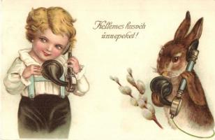 Kellemes Húsvéti Ünnepeket / Easter greeting art postcard, rabbit with telephone. WSSB 8206. litho