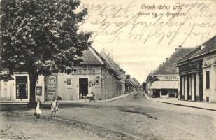 Eszék, Osijek, Esseg; Fő tér, Nendtvich üzlete, takarékpénztár / Glavni trg / Hauptplatz / main square, shops, savings bank