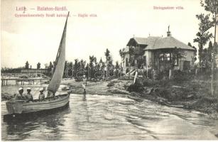 Balatonlelle, Lelle; Gyermekmenhely fürdő kabinjai, Hajós és Steingastner villa, vitorlás csónak. Wollák József kiadása