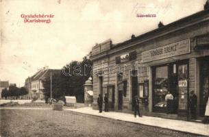 Gyulafehérvár, Karlsburg, Alba Iulia; Vár utca, üzletek, Schäser Ferenc könyvnyomdája és saját kiadása / street view, shops, printing house (EK)