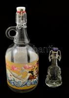 Jónás csatos boros üveg (100 cl) és hegedű formájú röviditalos csatos palack (4 cl), m:25 és 13 cm