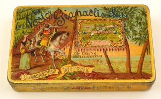 Nestor Gianaclis Ltd. fém cigarettás doboz, színes keleties ábrázolással, alján a gyár képével, 12x7,5x2 cm