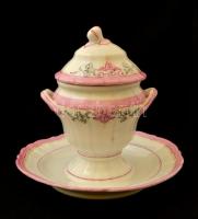 19-20. századi fedeles porcelán mustártartó, kézzel festett, alján lepattanással, m: 14 cm, tányér d: 15,5 cm